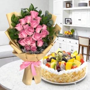 Fruit Cake with Flower Bouquet